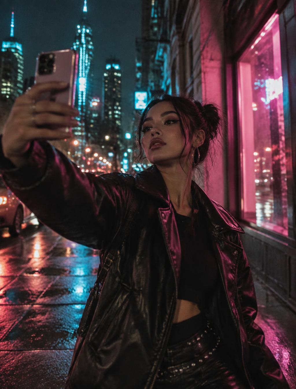 A creator filming on her phone on a city street at night