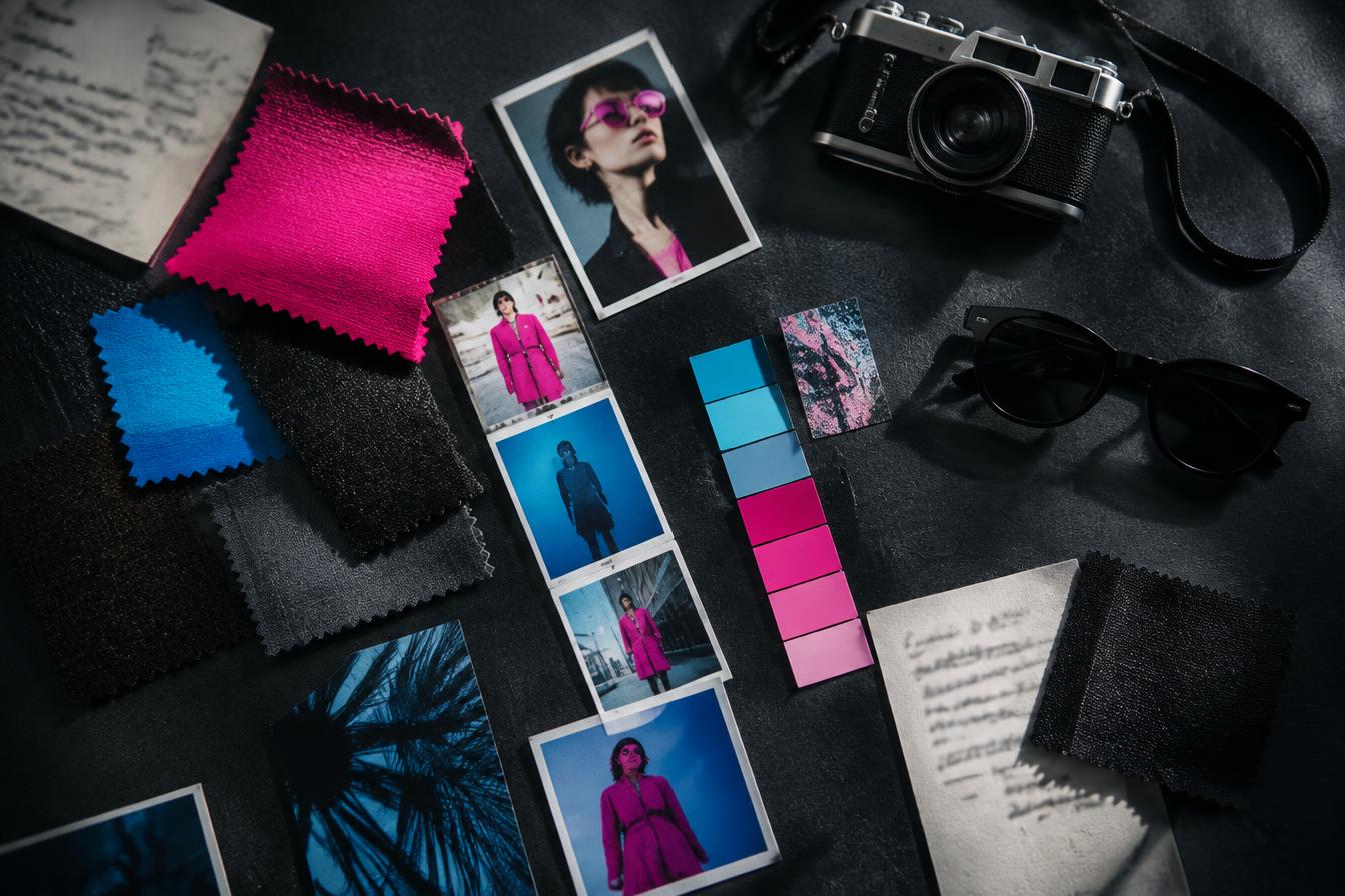 A brand moodboard of fabrics, photos and colour chips